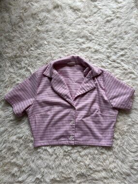 Brandy Melville Pink Plaid Cropped Button-Up Shirt